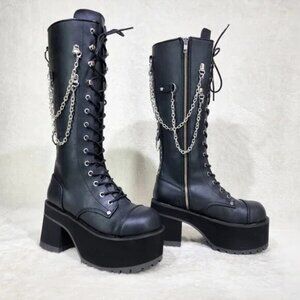 Demonia RANGER-303 Platform Lace-Up Front Vegan Leather Knee High Boot